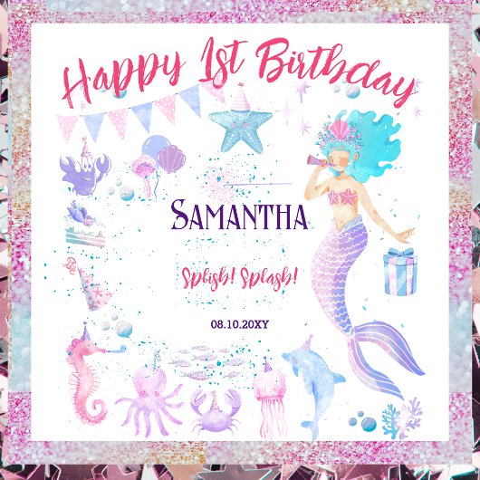 Blauw Roze Meermin Feest 1e Verjaardag Achtergrond Wandkleed