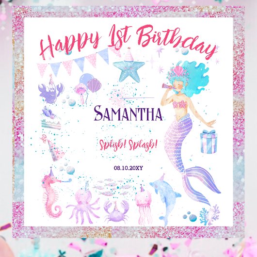 Blauw Roze Meermin Feest 1e Verjaardag Achtergrond Wandkleed