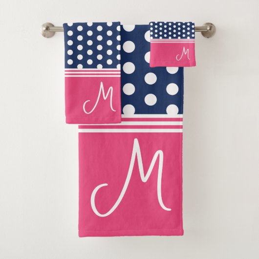 Blauw Roze Monogram Polka Dot Spotty Bad Handdoek (Insitu)