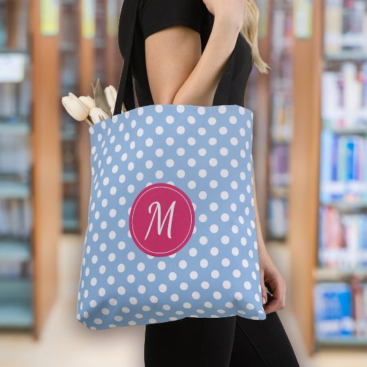 Blauw Roze Monogram Polka Dots Tote Bag