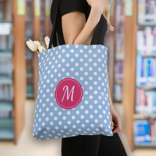 Blauw Roze Monogram Polka Dots Tote Bag