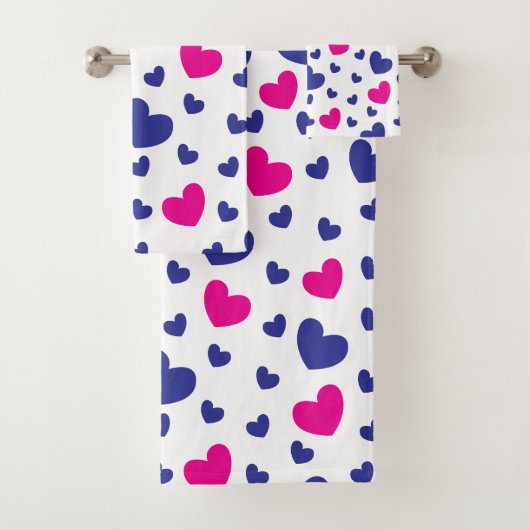 Blauw Roze Moppige Hartjes Valentijnsdag Patroon Bad Handdoek (Insitu)