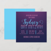 Blauw & Roze Neon Bat Bar Mitzvah Feestuitnodiging Kaart (Voorkant / Achterkant)