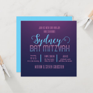 Blauw & Roze Neon Bat Bar Mitzvah Feestuitnodiging Kaart