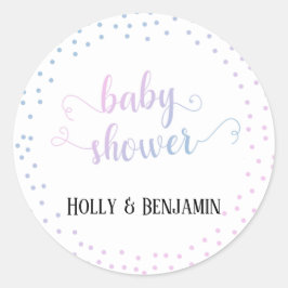 Blauw Roze Ombré Confetti Typografie Baby shower Ronde Sticker