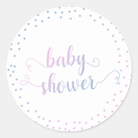 Blauw & Roze Ombré Confetti Typografie Baby shower Ronde Sticker (Voorkant)