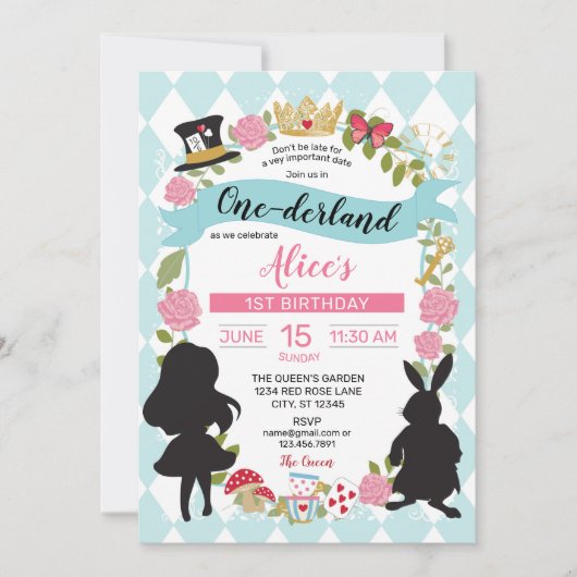 Blauw & Roze One-derland 1E Verjaardag Uitnodiging (Voorkant)