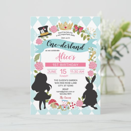 Blauw & Roze One-derland 1E Verjaardag Uitnodiging (Staand voorkant)