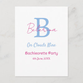 blauw roze op wolken negen monogram vrijgezellenfe briefkaart