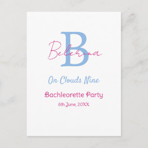 blauw roze op wolken negen monogram vrijgezellenfe briefkaart