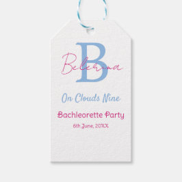 blauw roze op wolken negen monogram vrijgezellenfe cadeaulabel