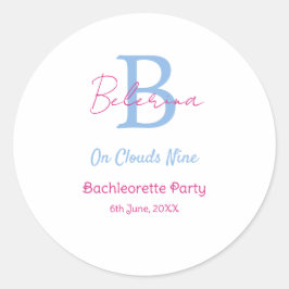 blauw roze op wolken negen monogram vrijgezellenfe ronde sticker