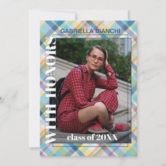 Blauw roze Oranje Geel Tartanepreparaat Afstuderen Aankondiging (Voorkant)