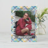 Blauw roze Oranje Geel Tartanepreparaat Afstuderen Aankondiging (Staand voorkant)