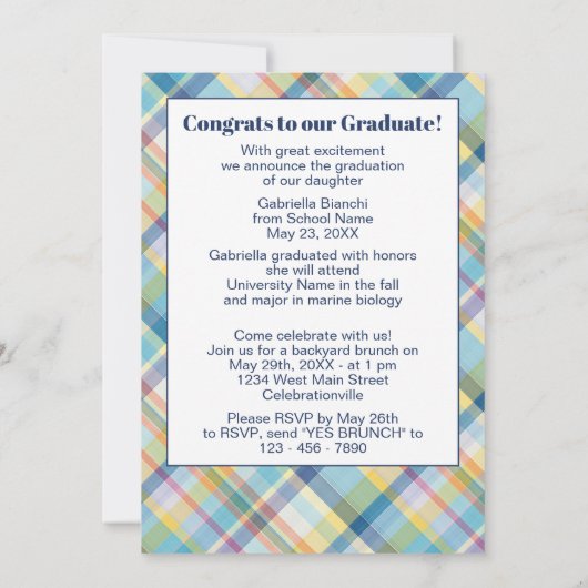 Blauw roze Oranje Geel Tartanepreparaat Afstuderen Aankondiging (Achterkant)