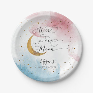 Blauw roze over het Moon Gold Baby shower Papieren Bordje