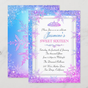 Blauw Roze Paars Winter Wonderland Sweet 16 Uitnod Kaart