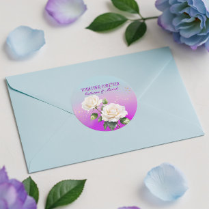 Blauw Roze Paarse Aquarel Ombre Rozen Bruiloft Ronde Sticker