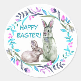 Blauw Roze Paashaas Krans Ronde Sticker