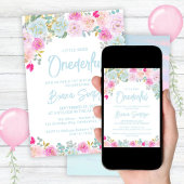 Blauw Roze Perzik Bloemen Eervolle Verjaardag Kaart