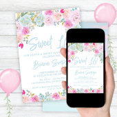 Blauw Roze Perzik Bloemen Sweet 16 Verjaardagsfees Kaart