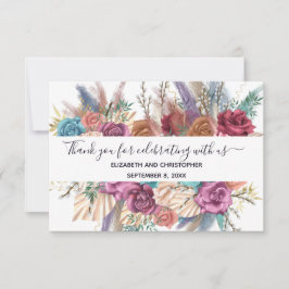 Blauw Roze Perzik Bloemrijke Calligrafie Bruiloft  Bedankkaart