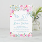 Blauw Roze Perzik Paarse Bloemen 100ste Verjaardag Kaart (Staand voorkant)