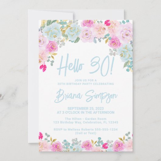 Blauw Roze Perzik Paarse Bloemen 30ste Verjaardag  Kaart (Voorkant)