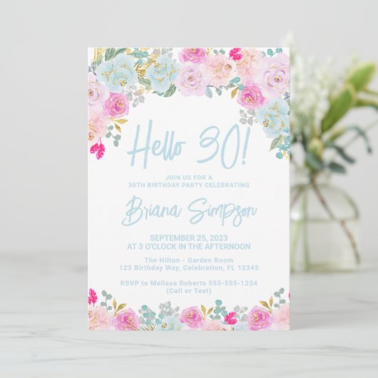 Blauw Roze Perzik Paarse Bloemen 30ste Verjaardag  Kaart (Staand voorkant)