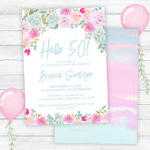 Blauw Roze Perzik Paarse Bloemen 50ste Verjaardag Kaart