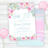 Blauw Roze Perzik Paarse Bloemen 70ste Verjaardag Kaart