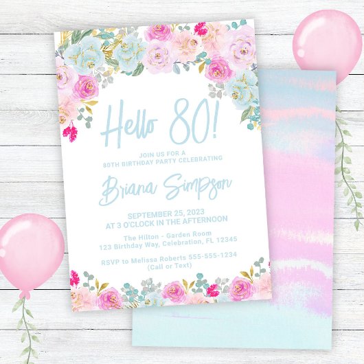 Blauw Roze Perzik Paarse Bloemen 80ste Verjaardag  Kaart