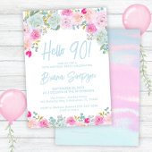 Blauw Roze Perzik Paarse Bloemen 90ste Verjaardag  Kaart