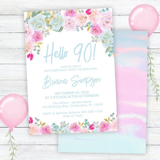 Blauw Roze Perzik Paarse Bloemen 90ste Verjaardag Kaart