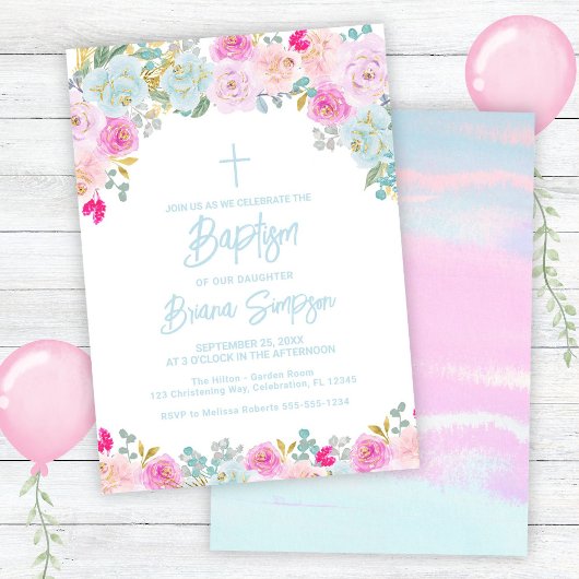 Blauw Roze Perzik Paarse Bloemen Bloemdoop Kaart