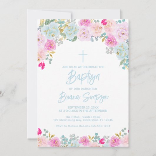 Blauw Roze Perzik Paarse Bloemen Bloemdoop Kaart (Voorkant)