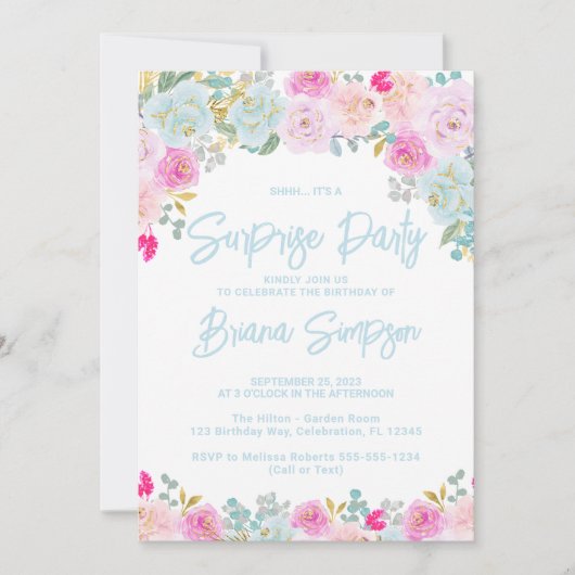 Blauw Roze Perzik Paarse Bloemen Surprise Party Kaart (Voorkant)
