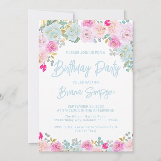 Blauw Roze Perzik Paarse Bloemen Verjaardagsfeest Kaart (Voorkant)