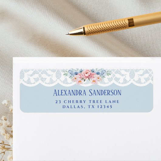 Blauw Roze Pioenwit  Kant Retouradres Etiket