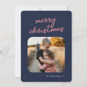 Blauw Roze Plaid 1-Foto Vrolijk Kerstscript Feestdagenkaart (Voorkant)