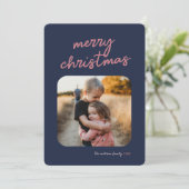 Blauw Roze Plaid 1-Foto Vrolijk Kerstscript Feestdagenkaart (Staand voorkant)
