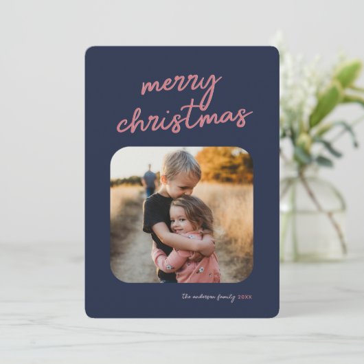 Blauw Roze Plaid 1-Foto Vrolijk Kerstscript Feestdagenkaart (Staand voorkant)