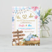 Blauw Roze Plaid pompoen patch Geslacht Reveal Kaart (Staand voorkant)