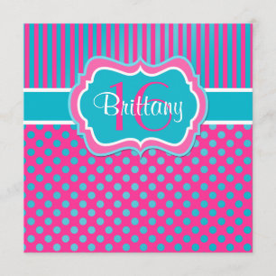 Blauw, roze pokadot zestiende verjaardag uitnodigi kaart