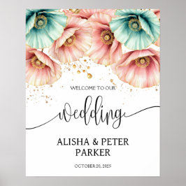 Blauw & Roze Poppy Waterverf bruiloft Welkom Poster
