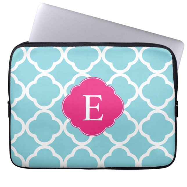 Blauw roze Quatrefoil Monogram Laptop Sleeve (Voorkant)