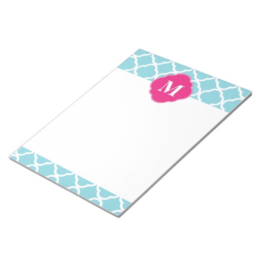 Blauw roze Quatrefoil Monogram Notitieblok (Schuin)