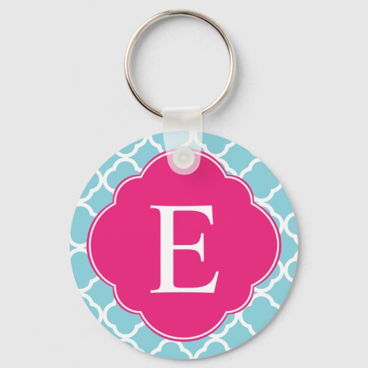 Blauw roze Quatrefoil Monogram Sleutelhanger (Voorkant)