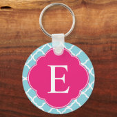 Blauw roze Quatrefoil Monogram Sleutelhanger (Voorkant)