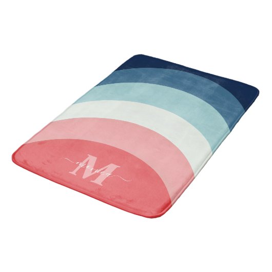 Blauw Roze Regenboog Curve Strepen Monogram Naam Badmat (Gekanteld)